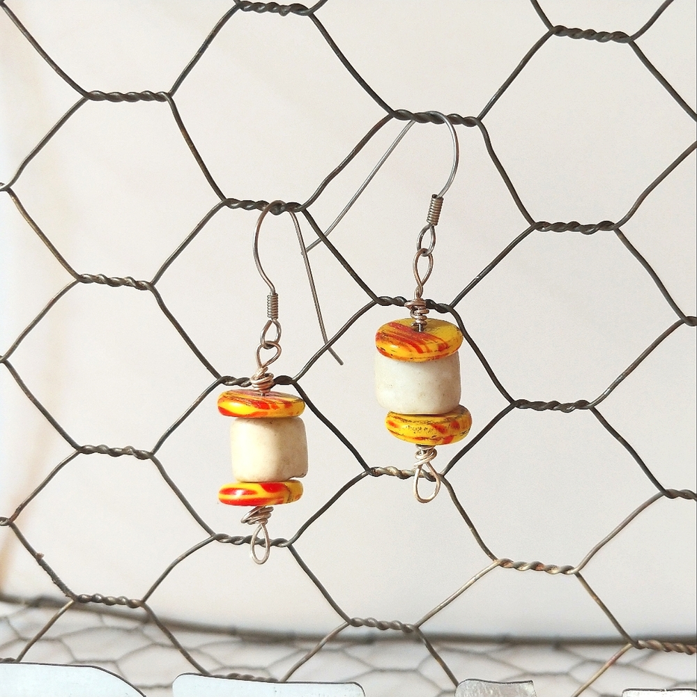 Vintage Trade Bead Earrings Handmade Jewelry Yellow Red